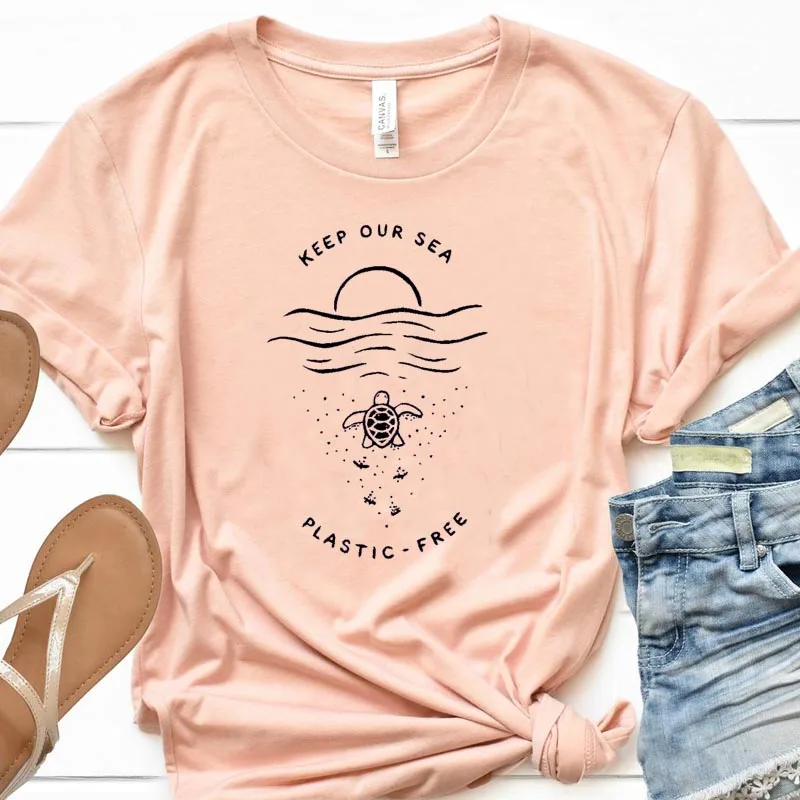 Женская футболка с надписью «Keep Our Sea plastic Free», футболка с надписью «Skip strawws Save Turtles», хлопковые топы для девочек с защитой от океана, Прямая поставка - Цвет: peach pink