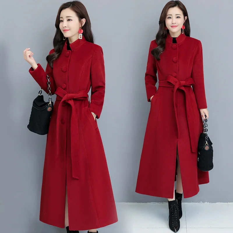 Новинка, зимняя кашемировая куртка, темпераментная, стоячий воротник, длинная, шерстяная, одноцветная, пальто для женщин, выше колена - Цвет: Red wine