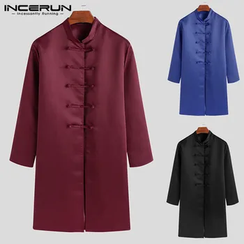 

INCERUN Men Pure Color Long Sleeve Retro Chinese Style Single Breasted Shirt Robe Fashion Slim Hanfu Mens Collar Long Blouse