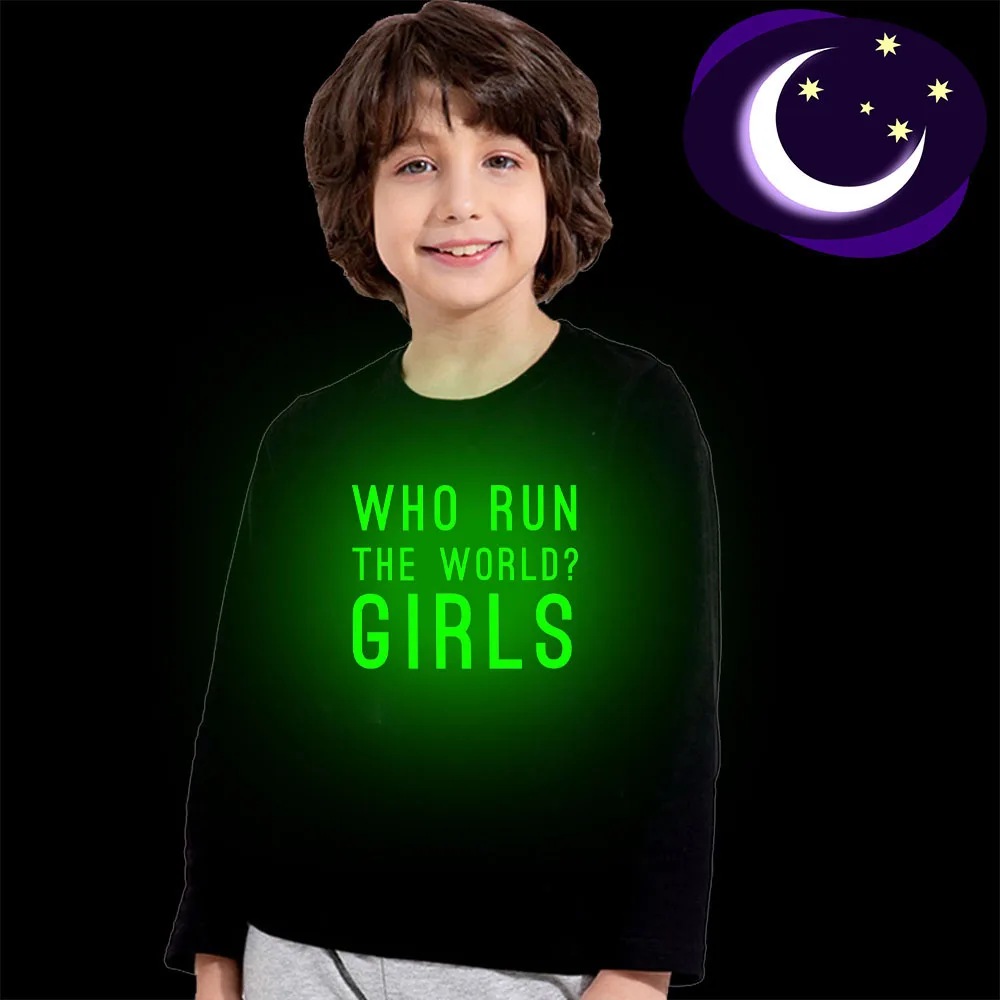 Who Run The World/футболка с длинными рукавами для мальчиков и девочек; Весенние футболки для мальчиков; детская светящаяся одежда; Повседневный Топ