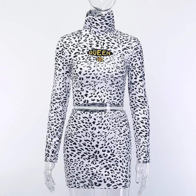 InstaHot Леопардовый женский костюм из двух предметов с буквенным принтом, водолазка с длинными рукавами, укороченный топ и эластичная мини-юбка Осенняя повседневная одежда