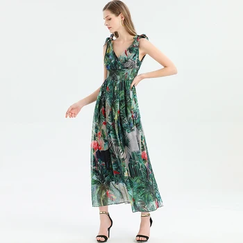 

Runway Fashion Designer dress Spring Summer Women Dress V-neck elegant dress Rainforest Floral-Print Chiffon long Dresses