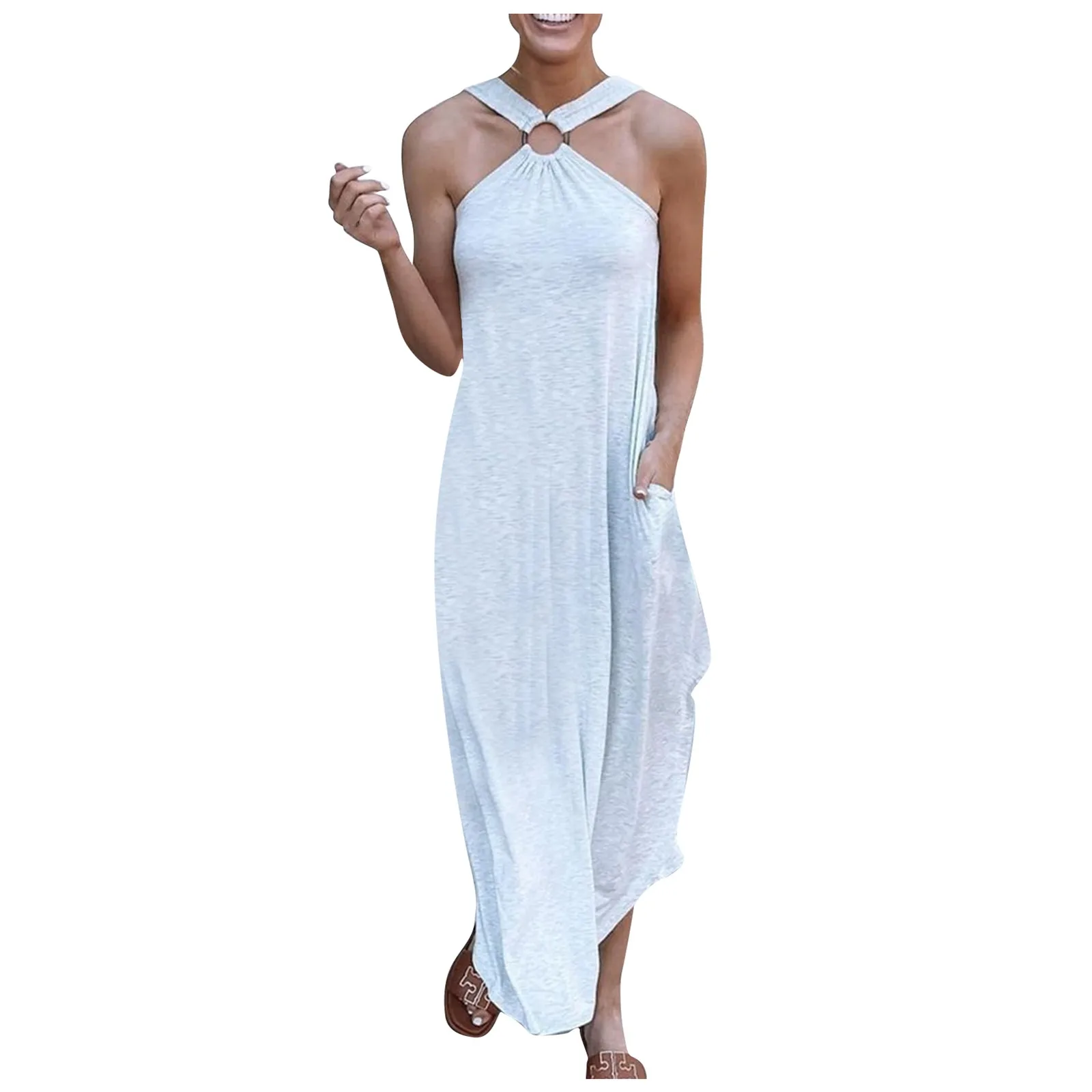 Casual Summer Ring Halter Split Maxi Dress Women Sexy Off Shoulder Backless Party Dress Elegant Sleeveless Pocket Long Vestido 2