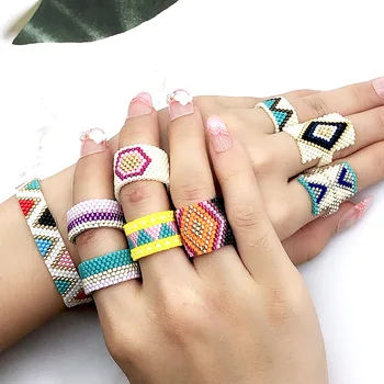

BLUESTAR geometric Ring Pink Rings Boho Jewelry Miyuki Bead Handmade vintage Rings For Women unique design woven Ring