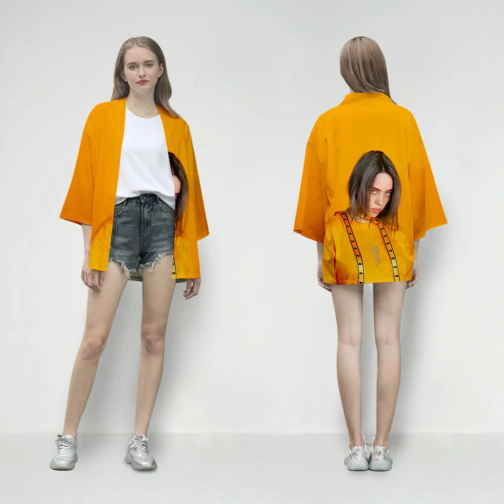 Популярное мужское и женское кимоно Billie Eilish3D, модное летнее оранжевое кимоно в японском стиле, футболка, кардиган, повседневный Топ