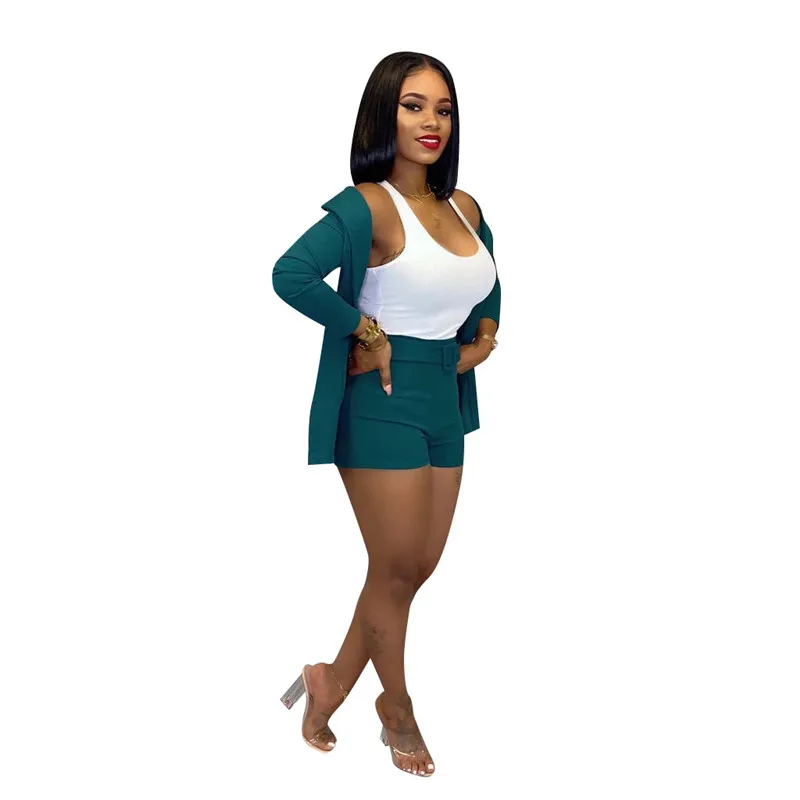 blue 2 piece set Adogirl, Однотонный женский повседневный комплект из двух предметов, деловой костюм, отложной воротник, длинный рукав, блейзер, пальто, топ, шорты, женская модная одежда - Цвет: blue 2 piece set