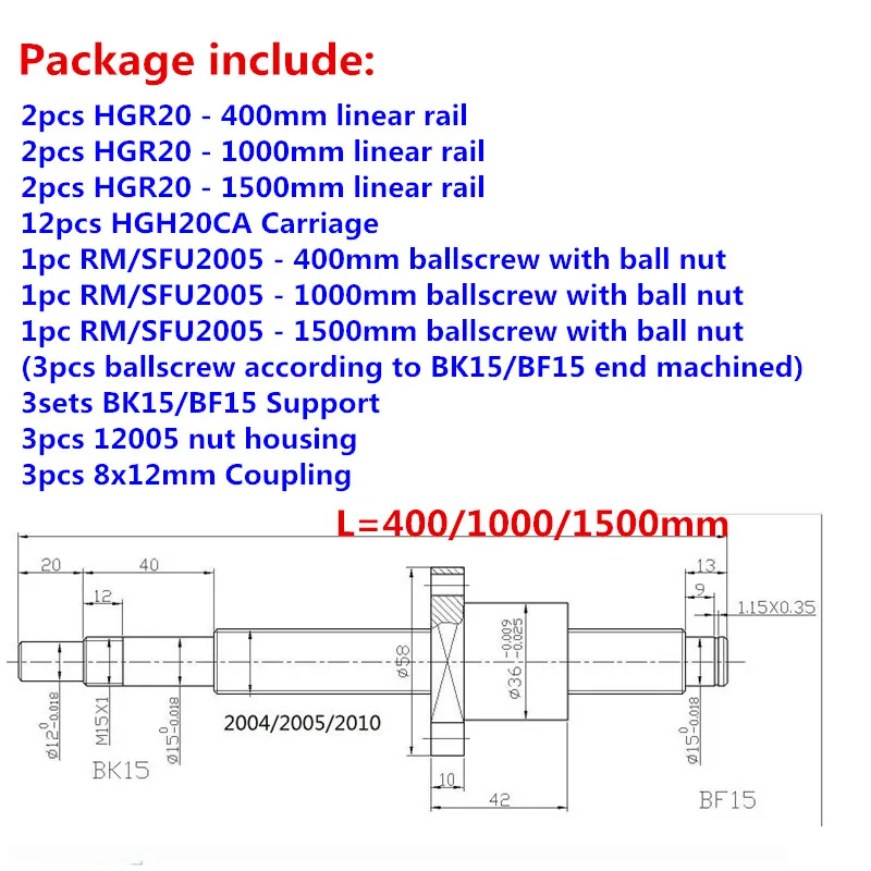 50010001500kit 3 ЧПУ комплект шариковых винтов sfu1605 1610 SFU2005 линейной направляющей HGH20CA HGR20 400/700/1000 мм с BK/BF12 корпус шариковинтовой передачи муфта - Цвет: 50010001500kit