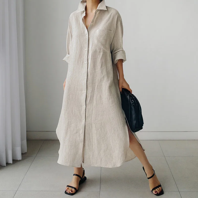 

NINI WONDERLAND 2021 Autumn Long Sleeve Cotton Linen Shirt Dress Women Irregular Cardigan Dress Korean Style Dresses Big Size