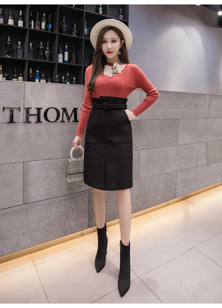 SHIJIA модные повседневные женские шерстяные юбки Vestidos зимние женские юбки женские тонкие юбки с высокой талией и карманами