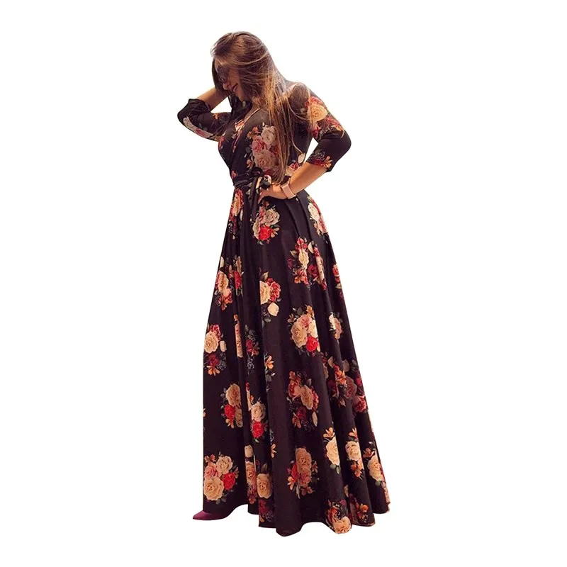Oufisun Spring Sexy Deep V Neck Women's Dress Bohemia Tunic Maxi Dresses Elegant Vintage Flowers Print Dress Vestidos Plus Size