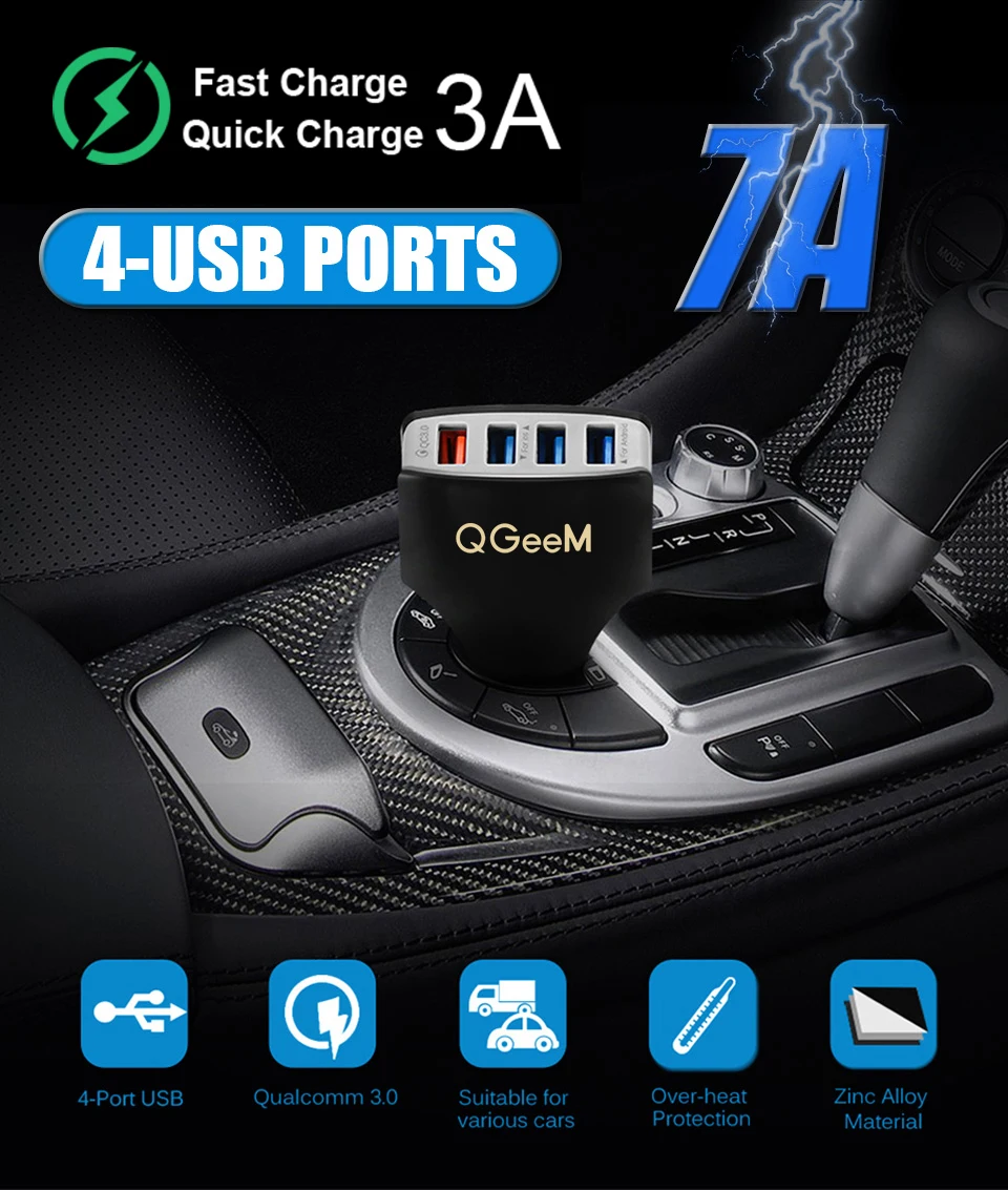 QGEEM 4USB QC 3.0 Car Charger Quick Charge 3.0 Phone Charging Car Fast Charger 4Ports USB Car Portable Charger for iPhone Xiaom