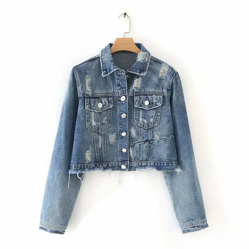 

30xc-0100 Europe And America WOMEN'S Dress 19 Spring And Autumn New Style Fold-down Collar Washing with Holes Flash Cowboy Jacke
