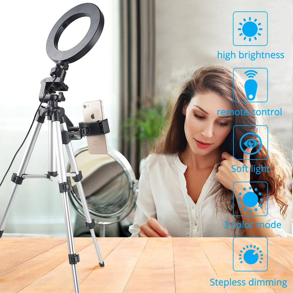 Spash 6 Inch LED Selfie Ring Light with Stretchable Tripod and Phone Holder Circular Lamp Light Ring for Makeup Photography 10