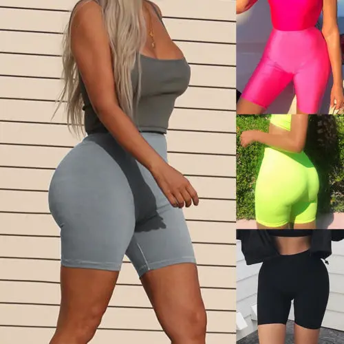 

BKLD Summer 2019 Newest Fashion Streetwear Biker Shorts High Waisted Sexy Short Pants Women Solid Neon Green Grey Biker Shorts