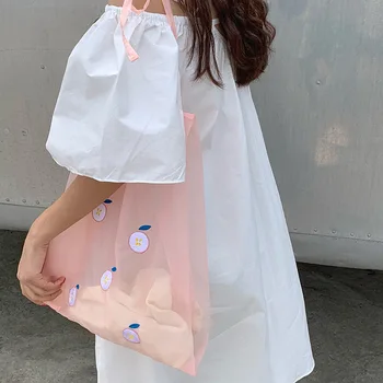 

YoReAi Japanese Fresh Organza Women's Handbag Fruit Embroidery Translucent Ladies Shoulder Bag Girl Portable Shopping Tote