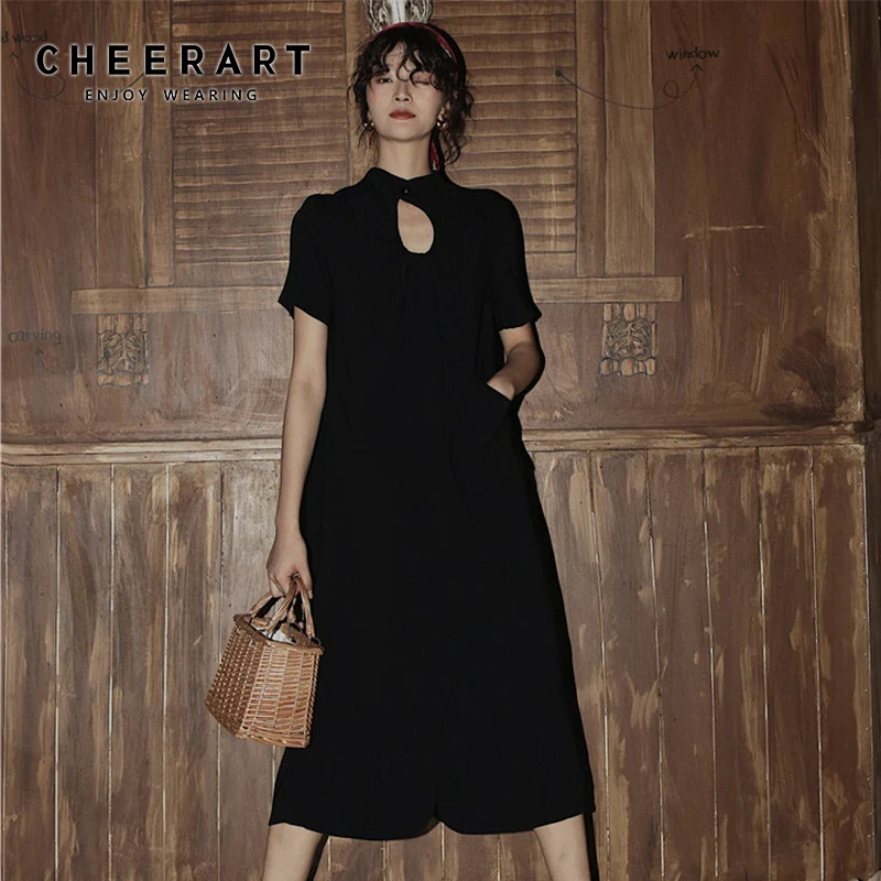 

Cheerart Black Summer Long Midi Dress Hollow Out Stand Collar Short Sleeve A Line Designer Dress Women Fashion Clothing