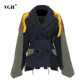 

VGH Korean Back Hit Color Patchwork Women Blazer Coat Fashion New Notched Collar Long Sleeve Plaid Blazers Female Clothes Autumn