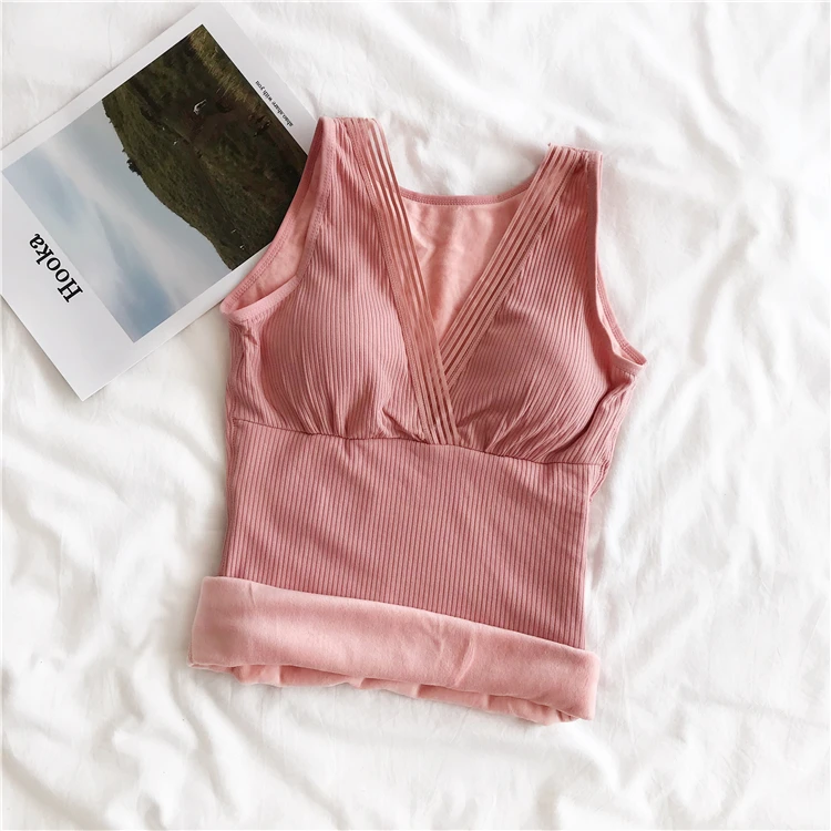 Ff3208 new Korean Plush warm waistcoat suspender for women's slim body solid color thickened base vest spaghetti strap top