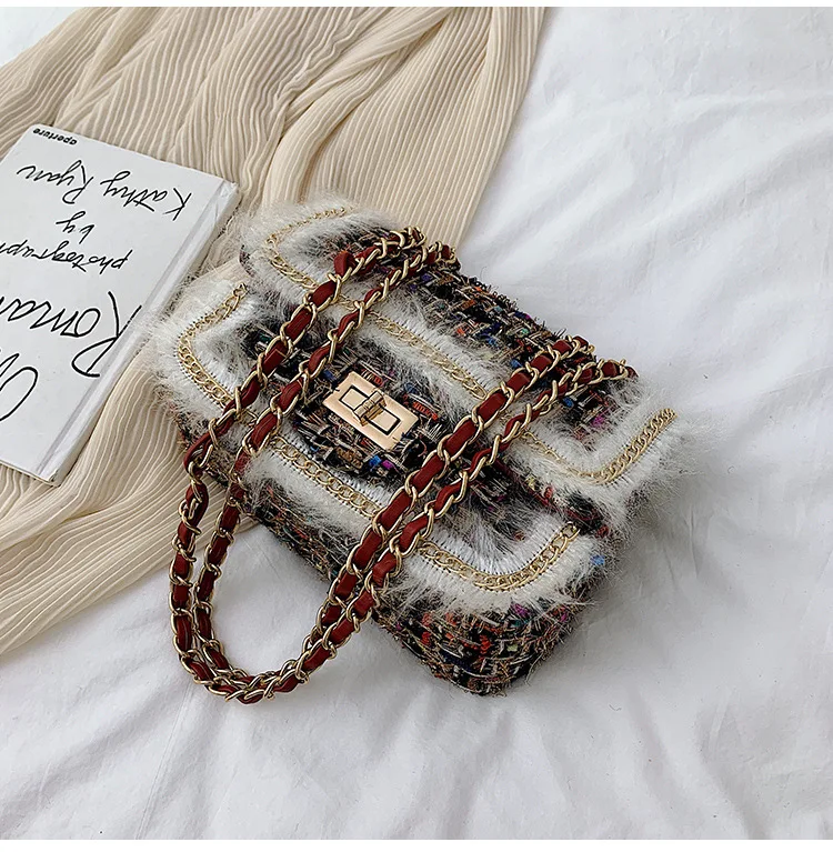 2019 Winter Top Brand Luxury Design Handbag Purse for Women Classic Tweed Flap Shoulder Bag Ladies Wool Plaid Mini Crossbody Bag (13)