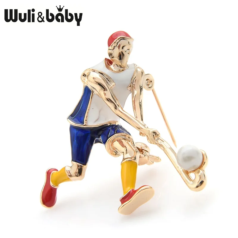 Wuli & baby, голубой, оранжевый, играющий в хоккей, броши для спортсменов, женщин, мужчин, сплав, эмаль, Спортивная команда, повседневная брошь