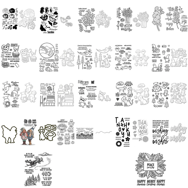 Fragrant Flowers Petals Gnome Cat Bear Elk Fauna Cutting Dies and Clear Stamps Set Thank You Wishes Artistic Words DIY Craft | Дом и сад