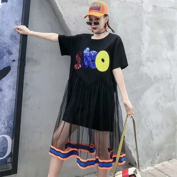 

Mesh splicing t-shirt skirt female 2020 summer tide brand letter sequins loose long section big swing short sleeve dress