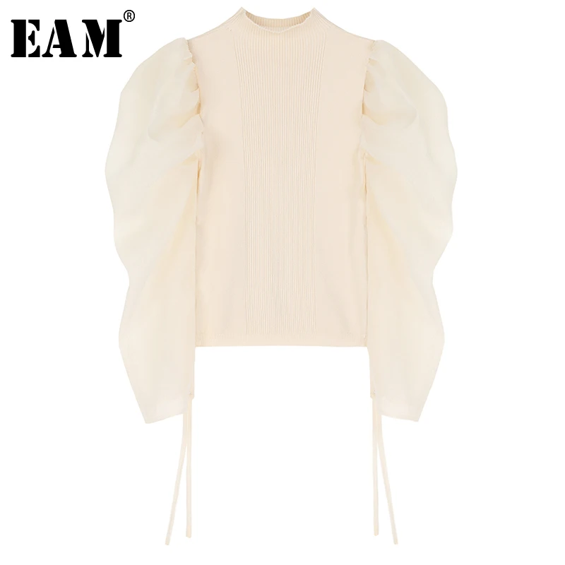 

[EAM] Drawstring Knitting Sweater Loose Fit Turtleneck Long Puff Sleeve Women Pullovers New Fashion Tide Spring 2020 1N873