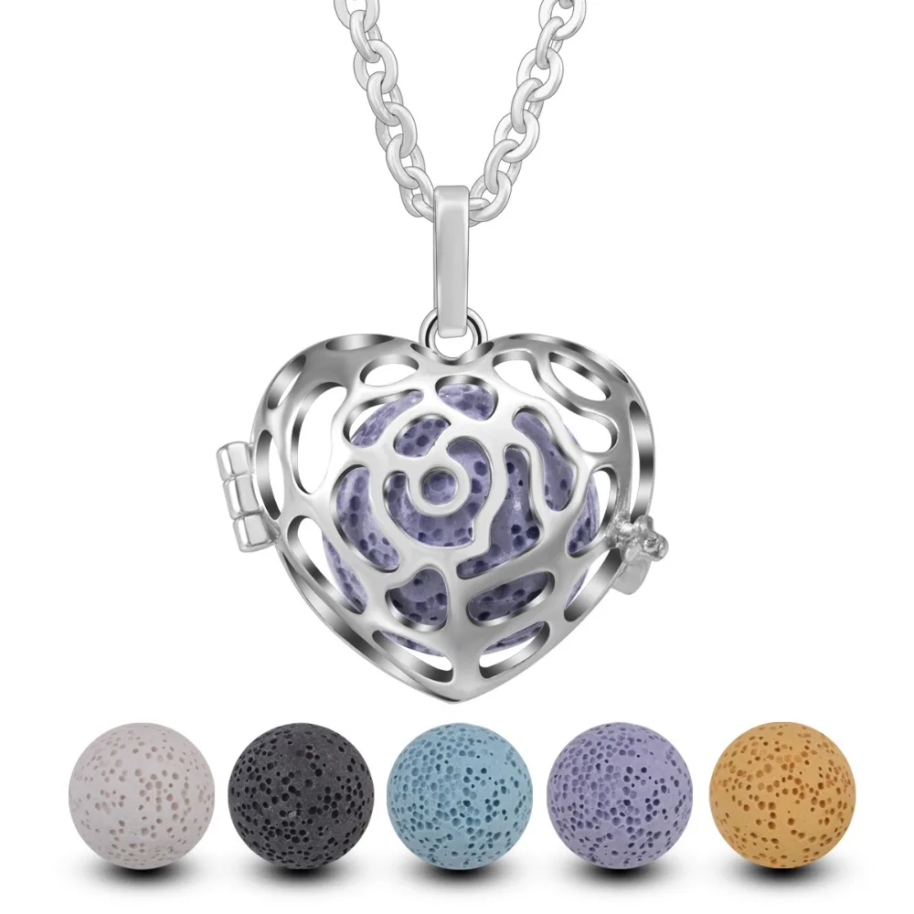 Eudora Rose Heart design Cage Essential Oil Aroma diffuser Pendant Necklace colorful Volcanic lava stone ball or chime ball H164