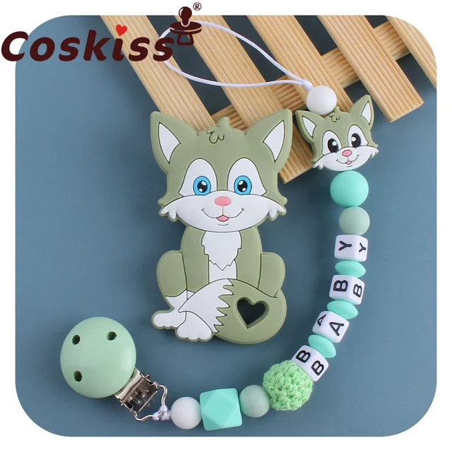 Coskiss Personalized Name Handmade Pacifier Clips Holder Chain Silicone Pacifier Chains Set Civet Cat Baby Teether Chain Green