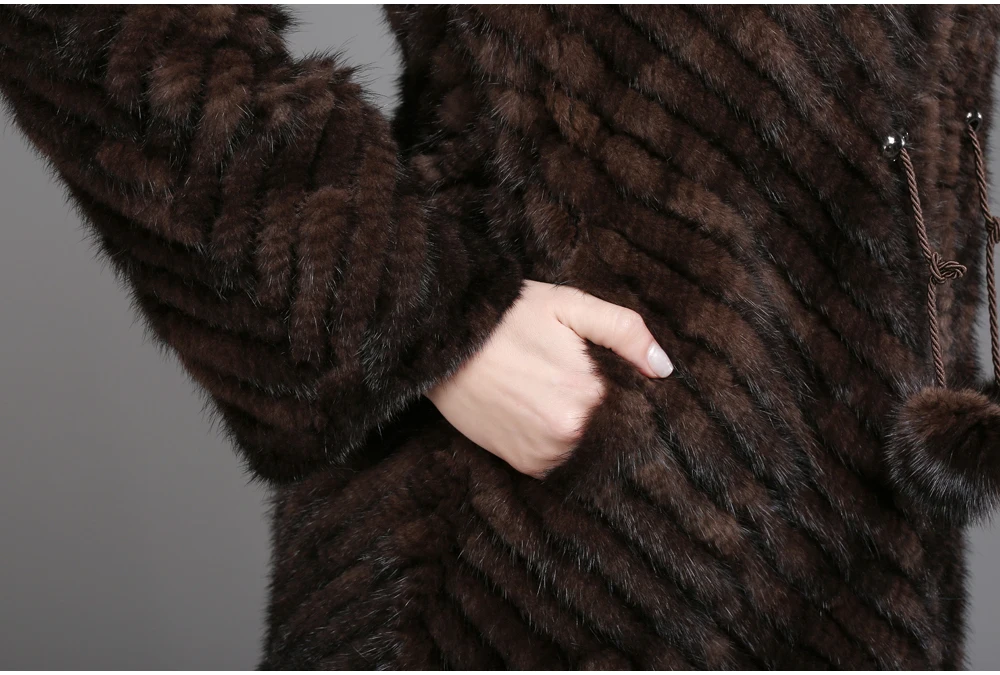 Натуральный мех норки, куртка с длинным рукавом, натуральный мех норки, вязаное пальто, женская мода, зимняя теплая меховая верхняя одежда с капюшоном
