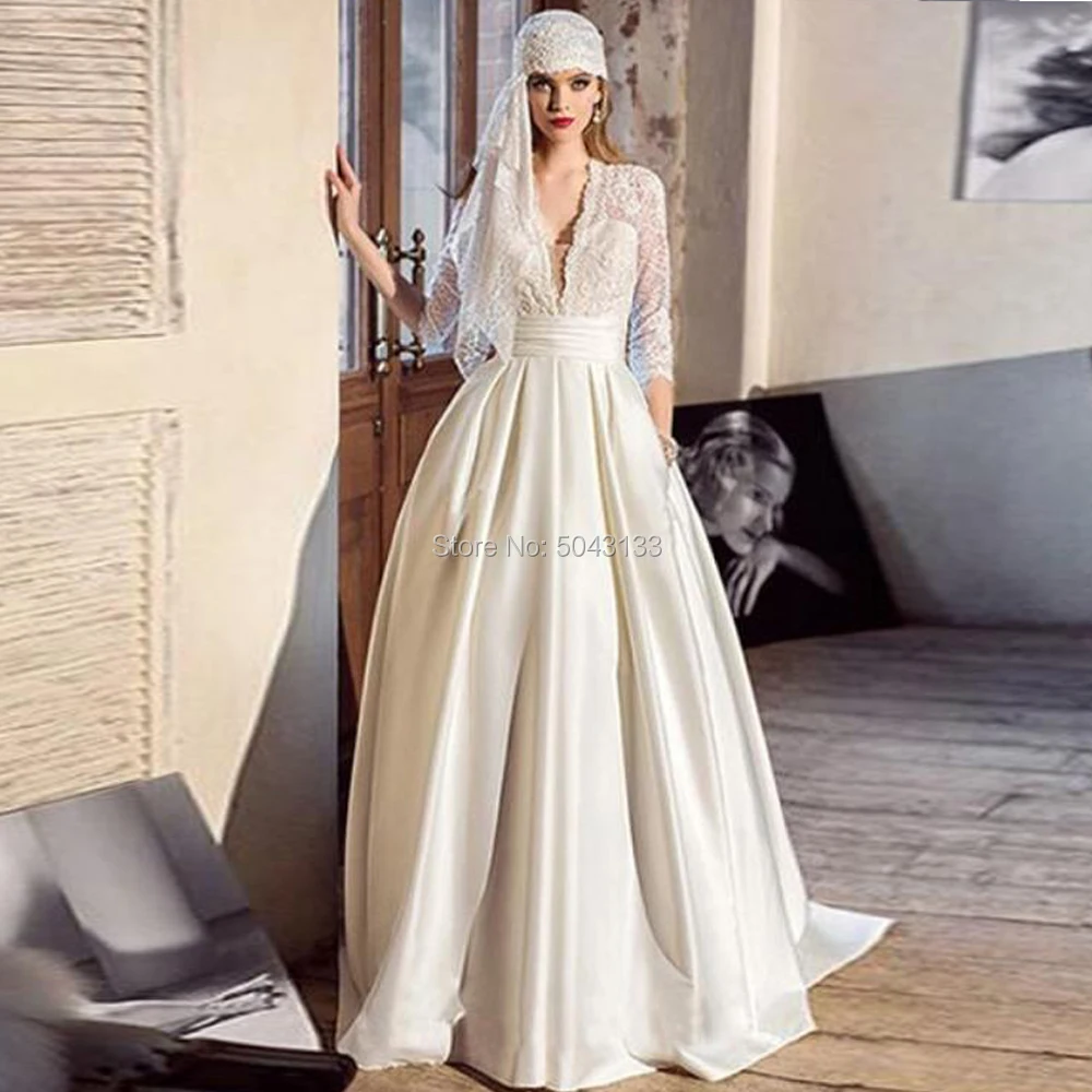 Скромные атласные свадебные платья V образным вырезом с длинными рукавами, кружевные трапециевидные Свадебные платья с карманами, платье невесты Vestidos de Noiva
