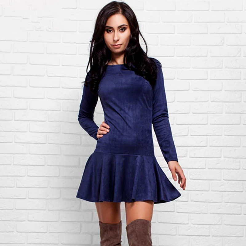 Blue Dress BornToGirl, весеннее, Осеннее, зимнее, женское, сексуальное, с длинным рукавом, ТРАПЕЦИЕВИДНОЕ, тонкое, серое, синее, Замшевое платье, vestidos robe femme - Цвет: Blue Dress