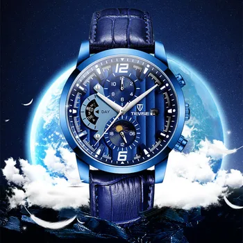 

TEVISE Automatic Mechanical Watch Men Luxury Leather Strap Moon Phase Date Week Clock Reloj Automatico De Hombre Dropshipping
