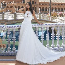 Sexy Halter Boho Wedding Dress Tulle A-line Bride Dresses Sleeveless Backless Modern Tulle Bridal Gowns Robe De Mariée