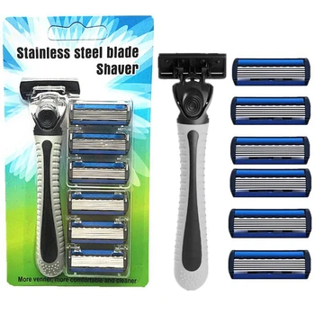 

1pcs Beard Shaver Rack +6 Pcs 6-Layer Blades Manual Beard Shaver Manual Hand Safety Razor 6PCS 6-Layer Blade ABS Grip Anti-slip