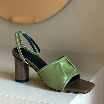 

Vintage Pleated Genuine Leather 2020 Summer Sandals For Women Metal Buckle High Heels Pumps Wedding Working Shoes Woman