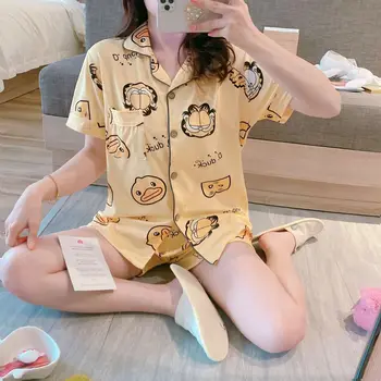 

Summer Women Comfortable Cute Hot Selling Cardigan Fold-down Collar Sweet Short Sleeve Shorts Pajamas Women's Tracksuit Piece
