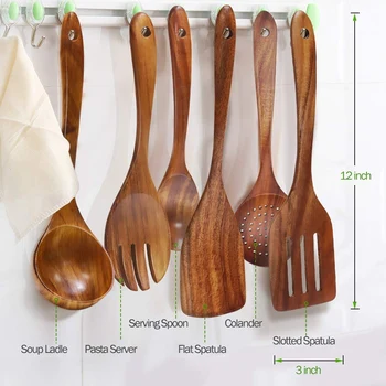 

Natural Teak Wood Spoons Spatula Ladle Colander Wooden Utensils Set of 6 Large Kitchen Cooking Utensil for Non Stick Cookware