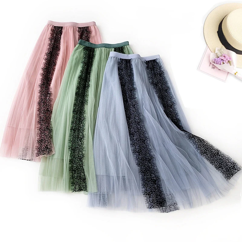 Женская плиссированная юбка TIGENA, длинная юбка из тюля и kружева с высокой талией в корейском стиле