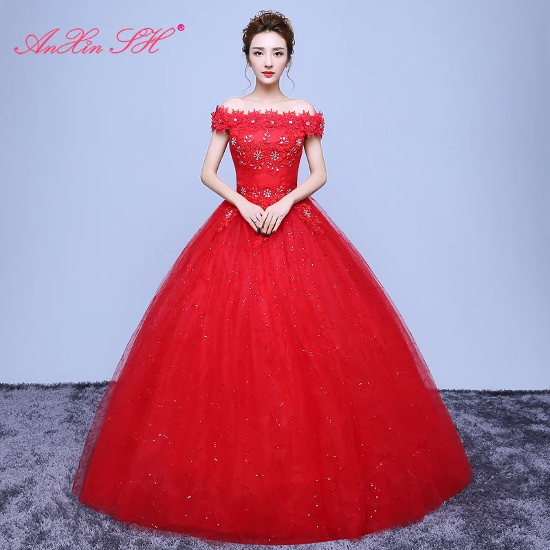 

AnXin SH princess little flower red lace wedding dress vintage turkey boat neck beading crystal flower white rose wedding dress