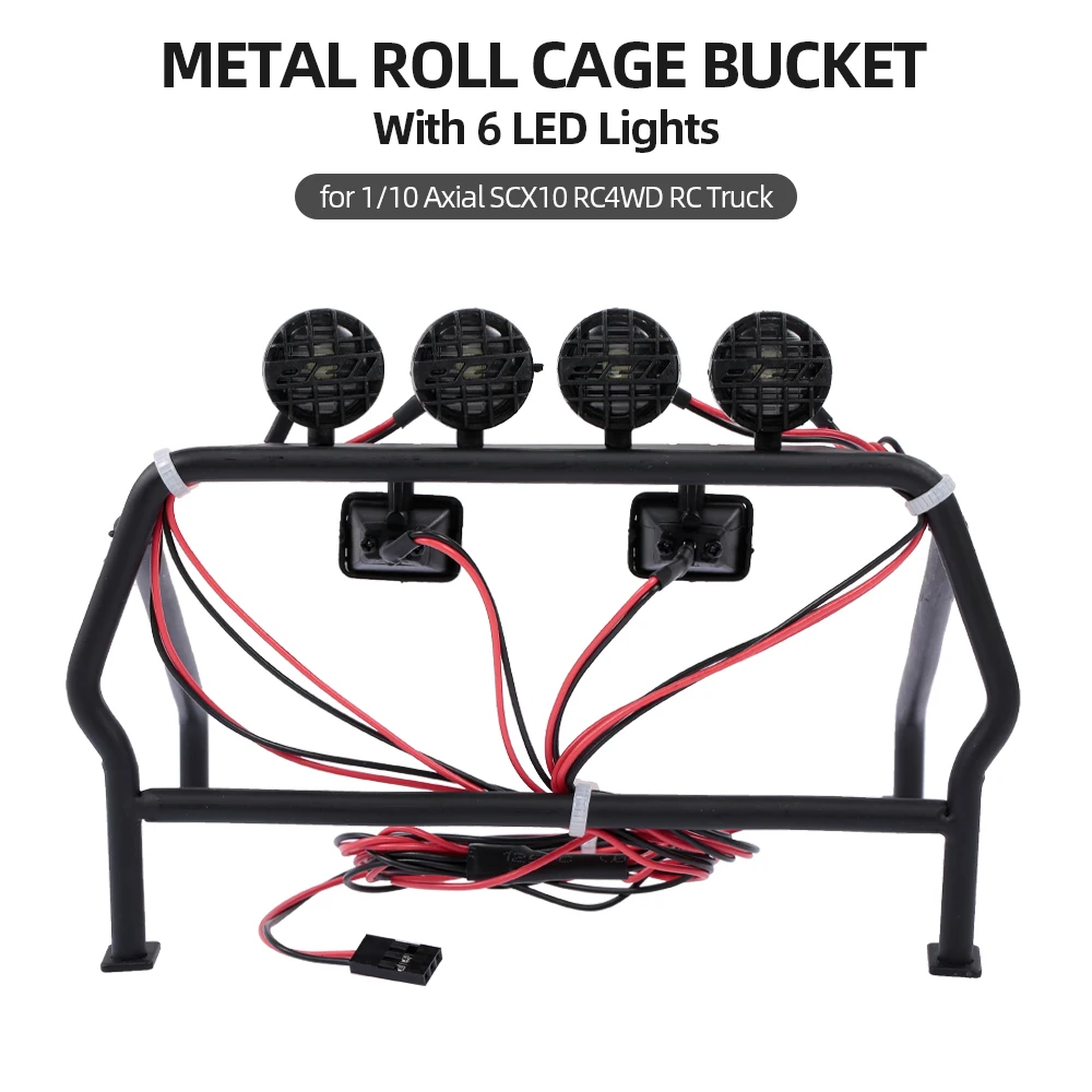 

RC Car Parts Metal Roll Cage Bucket with 6 LED Lights for 1/10 Axial SCX10 RC4WD Jeep RC Car Truck