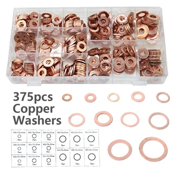 

375pcs 15 sizes Durable Solid Copper Washer Gasket Seal Ring Assortment Kit w/ Case Fastener Hardware Accessories
