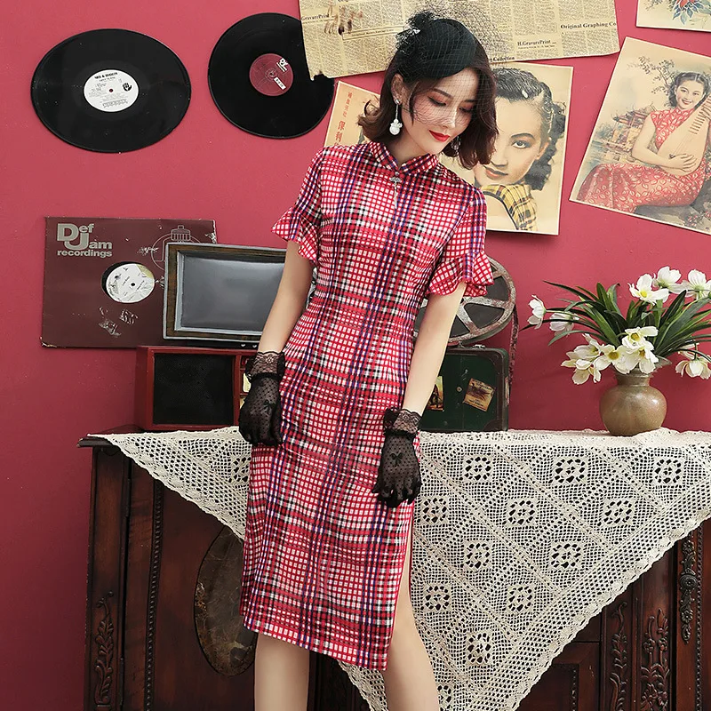 

2019 Spring New Elegent Women Bamboo Cotton Cheongsam Short Collar Fashion Dress Split Slimming Temperament Young Dresses