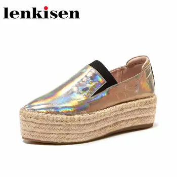 

Lenkisen genuine leather pointed toe straw flat platform laser bright surface high street fashion young lady daily shoes L03