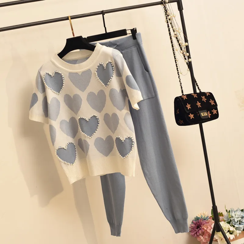 2020 new spring 2 piece set women Pearl heart short sleeve top and solid Loose lace-up trousers loose 2 piece sets for women 2020 new spring 2 piece set women Pearl heart short sleeve top and solid Loose lace-up trousers loose 2 piece sets for women