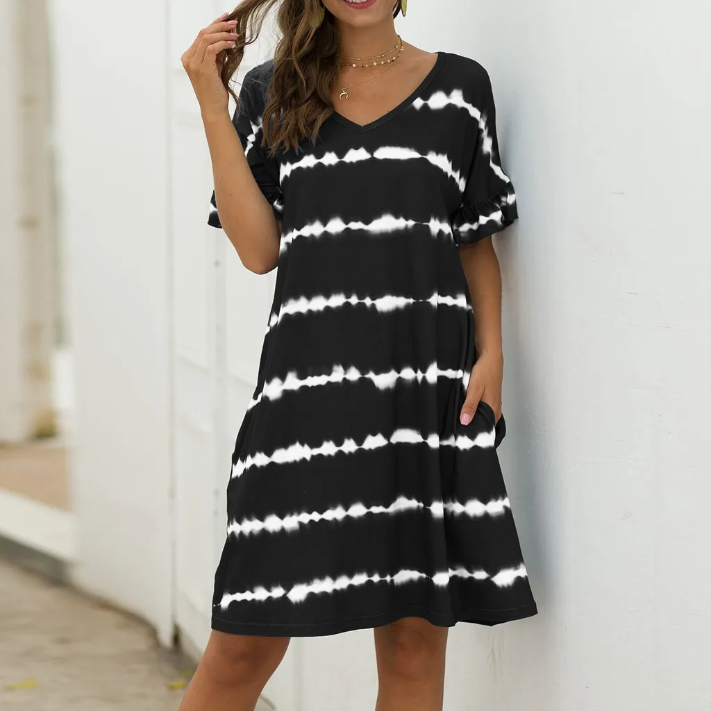 Vestido размера плюс, платье с коротким рукавом, свободные, волнистые полосы, галстук, окрашивание, Повседневное платье, летняя женская одежда, sukienki na wesele damskie