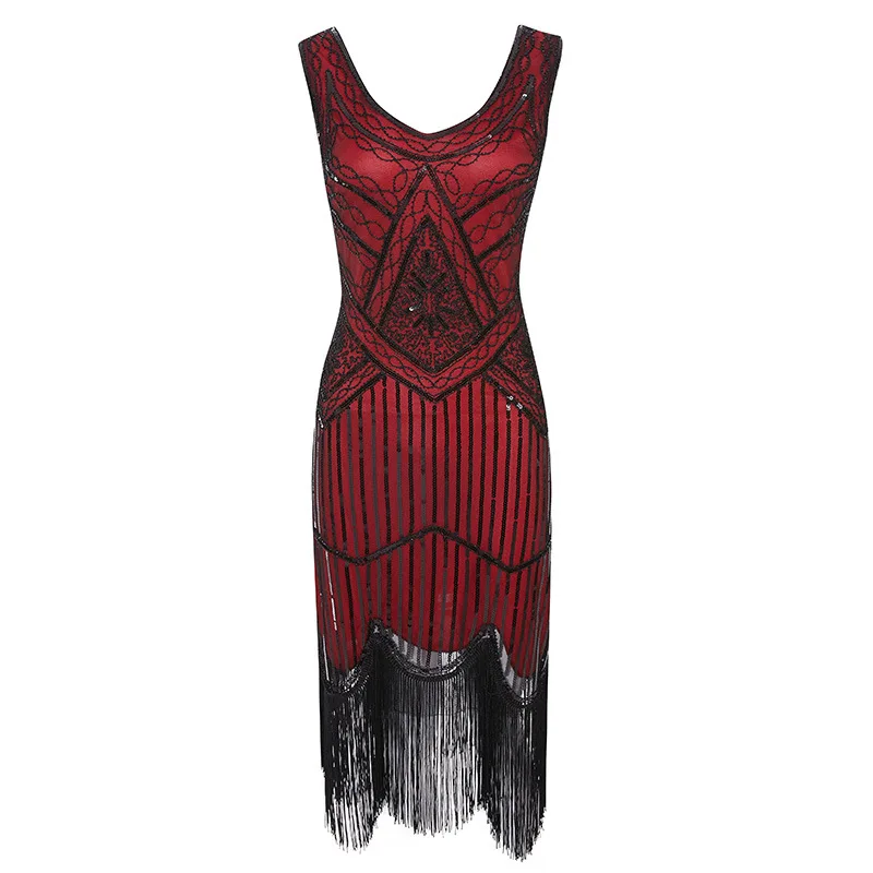 Винтажное платье 1920s Gatsby с блестками, бахромой и Пейсли для женщин, плюс размер XS s M L XL XXL XXXL XXXXL - Цвет: Бургундия