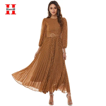 

Long Sleeve Elegant Maxi Dresses Women Polka Dots Pattern High Waist Sashes A-line Dress Office Ladies Party Vestidos Female