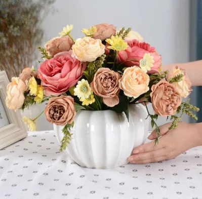 Современная керамическая бутылка в виде тыквы ваза+ Шелковый цветок набор домашнего интерьера ремесло украшение гостиной рабочего стола ремесла Цветочная композиция - Цвет: style5