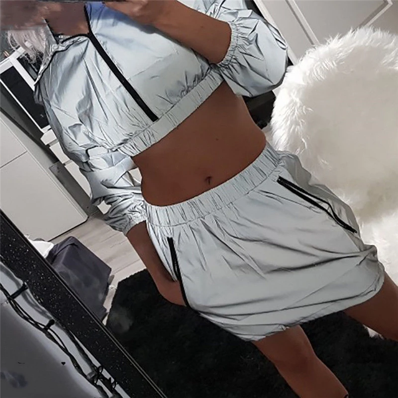 Fashion Womens 2PCS Tracksuit Ladies Reflective Crop Top+ Short Skirts Sets Dress sets Clubwear hip pop streetwear Suits |